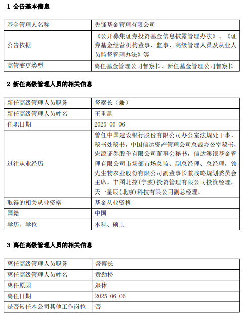 先锋基(🥍)金高管变更：黄劲松退休离任 董事长兼任督察长职务